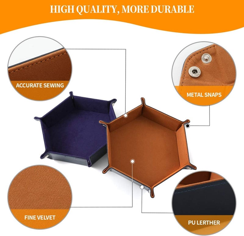 Grajar 2 Pcs Portable Folding Dice Rolling Tray Set for RPG DND Table Games - PU Leather and Velvet Holder Storage Box - Navy Blue and Camel - Image 3