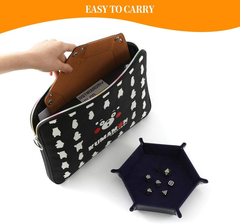 Grajar 2 Pcs Portable Folding Dice Rolling Tray Set for RPG DND Table Games - PU Leather and Velvet Holder Storage Box - Navy Blue and Camel - Image 5