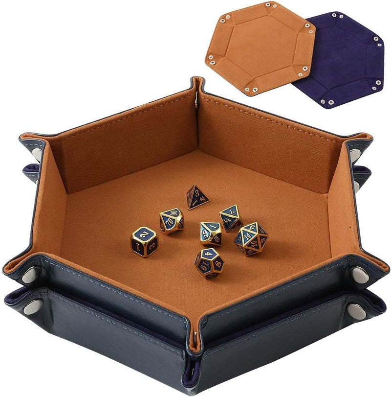Grajar 2 Pcs Portable Folding Dice Rolling Tray Set for RPG DND Table Games - PU Leather and Velvet Holder Storage Box - Navy Blue and Camel - Image 1