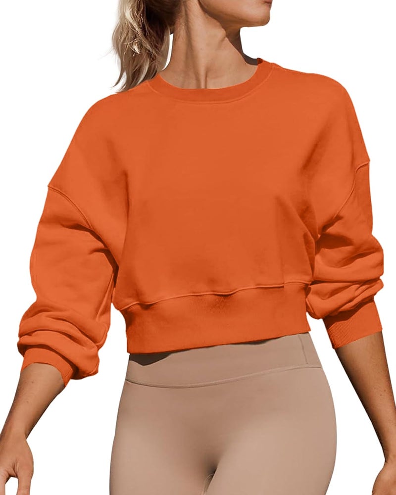 Joywayco Women's Long Sleeve Round Neck Cropped Sweatshirts Cute Loose Fit Pullover Tops (US, Alpha, Large, Regular, Regular, Orange) - Image 1