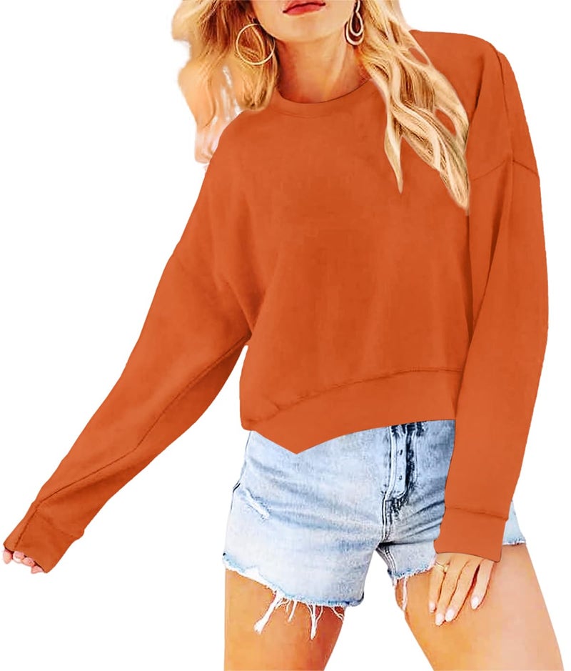 Joywayco Women's Long Sleeve Round Neck Cropped Sweatshirts Cute Loose Fit Pullover Tops (US, Alpha, Large, Regular, Regular, Orange) - Image 2