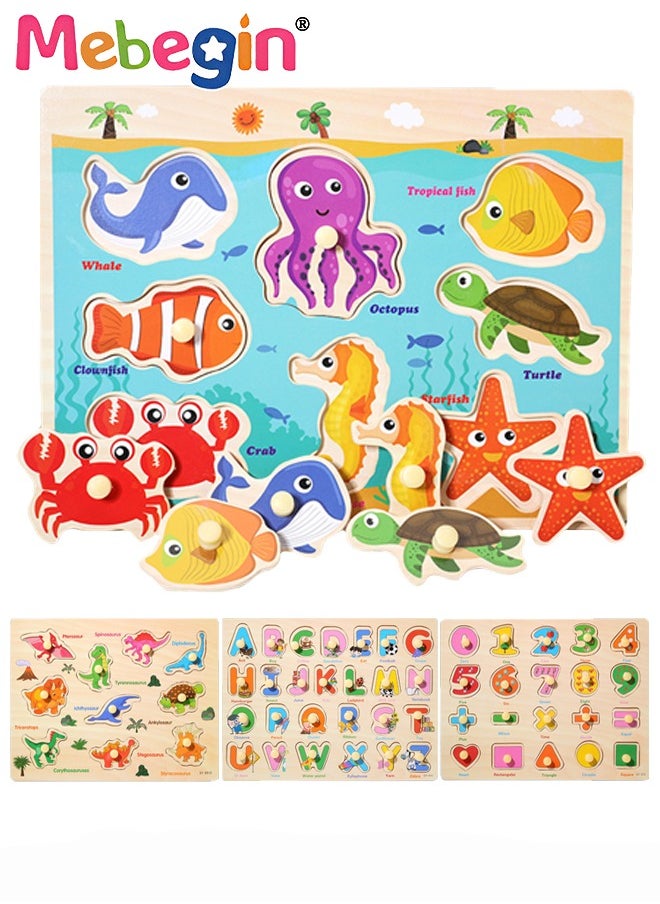 MEBEGIN - 4 Pack Wooden Peg Puzzles Set, Preschool Learning Puzzles with 4 Different Themes, Educational Learning Puzzles Toys, Montessori Toy, Easy for Toddler to Grasp, Perfect for Helping Kids Develop Intelligence and Build Early Learning Skills - Image 1