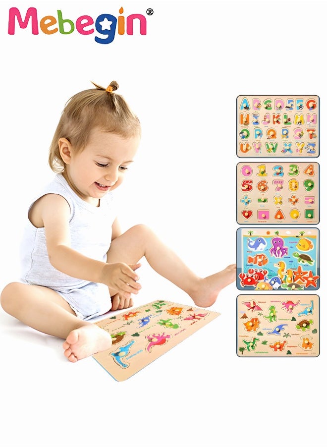 MEBEGIN - 4 Pack Wooden Peg Puzzles Set, Preschool Learning Puzzles with 4 Different Themes, Educational Learning Puzzles Toys, Montessori Toy, Easy for Toddler to Grasp, Perfect for Helping Kids Develop Intelligence and Build Early Learning Skills - Image 1