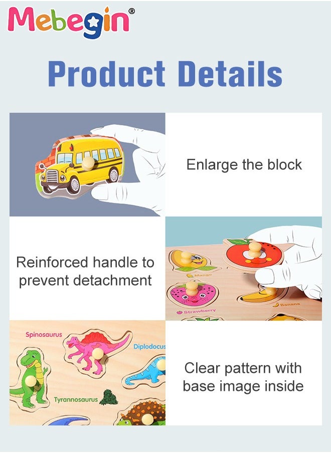 MEBEGIN - 4 Pack Wooden Peg Puzzles Set, Preschool Learning Puzzles with 4 Different Themes, Educational Learning Puzzles Toys, Montessori Toy, Easy for Toddler to Grasp, Perfect for Helping Kids Develop Intelligence and Build Early Learning Skills - Image 1