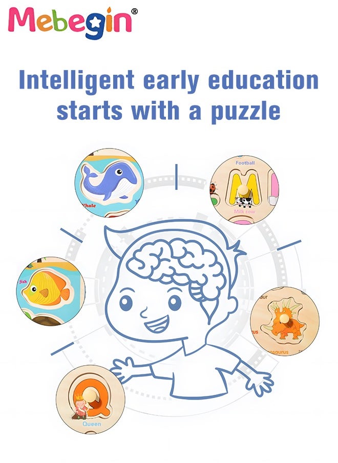 MEBEGIN - 4 Pack Wooden Peg Puzzles Set, Preschool Learning Puzzles with 4 Different Themes, Educational Learning Puzzles Toys, Montessori Toy, Easy for Toddler to Grasp, Perfect for Helping Kids Develop Intelligence and Build Early Learning Skills - Image 1