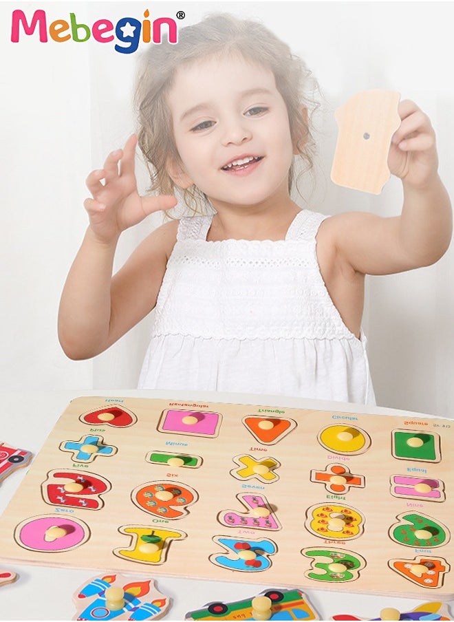 MEBEGIN - 4 Pack Wooden Peg Puzzles Set, Preschool Learning Puzzles with 4 Different Themes, Educational Learning Puzzles Toys, Montessori Toy, Easy for Toddler to Grasp, Perfect for Helping Kids Develop Intelligence and Build Early Learning Skills - Image 1