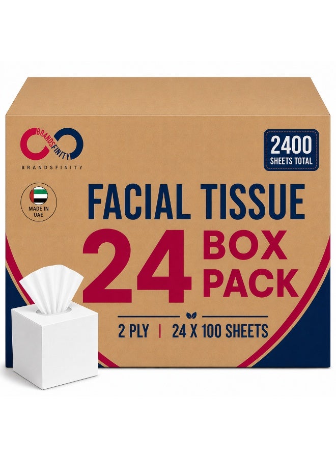 Brandsfinity Facial Tissue Cube Box, Pack of 24, Total 2400 Sheets 2 Ply Tissues, Premium Soft Feel, Highly Absorbent, Perfect Tissues for All Skin Types, Home Office, Car or Events, bulk Tissue Pack - Image 1