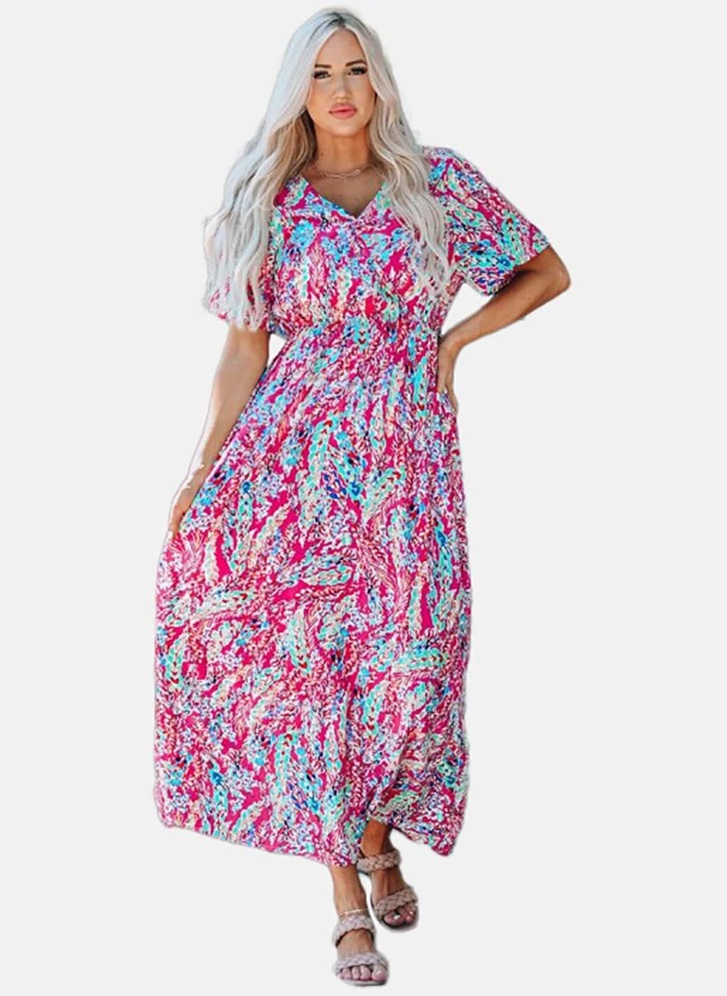 YUNIQEE Pink Basic Printed V Neck Short Sleeve Dress