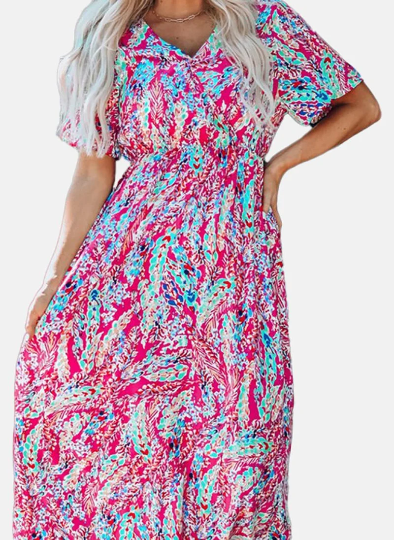 YUNIQEE Pink Basic Printed V Neck Short Sleeve Dress