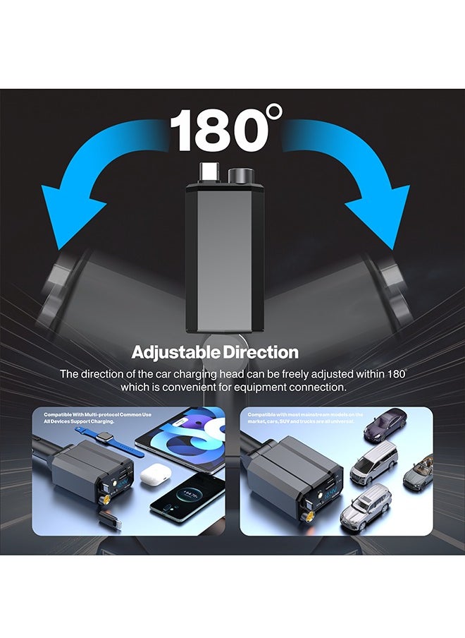 شاحن السيارة - محول سريع الشحن 5 في 1، تعريف ذكي، شحن سريع QC3.0، منفذ من النوع C+USB-A + نجمة إضاءة محيطة علوية وشاشة عرض الجهد - متوافق مع الآيفون والآيباد والجالاكسي - مخرجات قوية وآمنة ومتينة