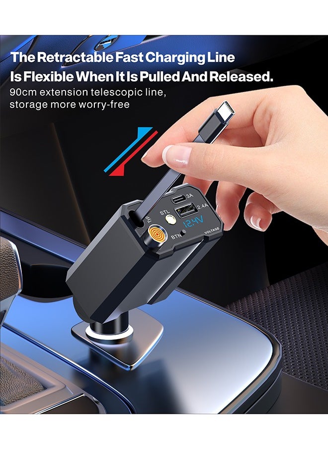 شاحن السيارة - محول سريع الشحن 5 في 1، تعريف ذكي، شحن سريع QC3.0، منفذ من النوع C+USB-A + نجمة إضاءة محيطة علوية وشاشة عرض الجهد - متوافق مع الآيفون والآيباد والجالاكسي - مخرجات قوية وآمنة ومتينة