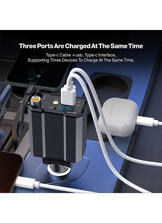 شاحن السيارة - محول سريع الشحن 5 في 1، تعريف ذكي، شحن سريع QC3.0، منفذ من النوع C+USB-A + نجمة إضاءة محيطة علوية وشاشة عرض الجهد - متوافق مع الآيفون والآيباد والجالاكسي - مخرجات قوية وآمنة ومتينة