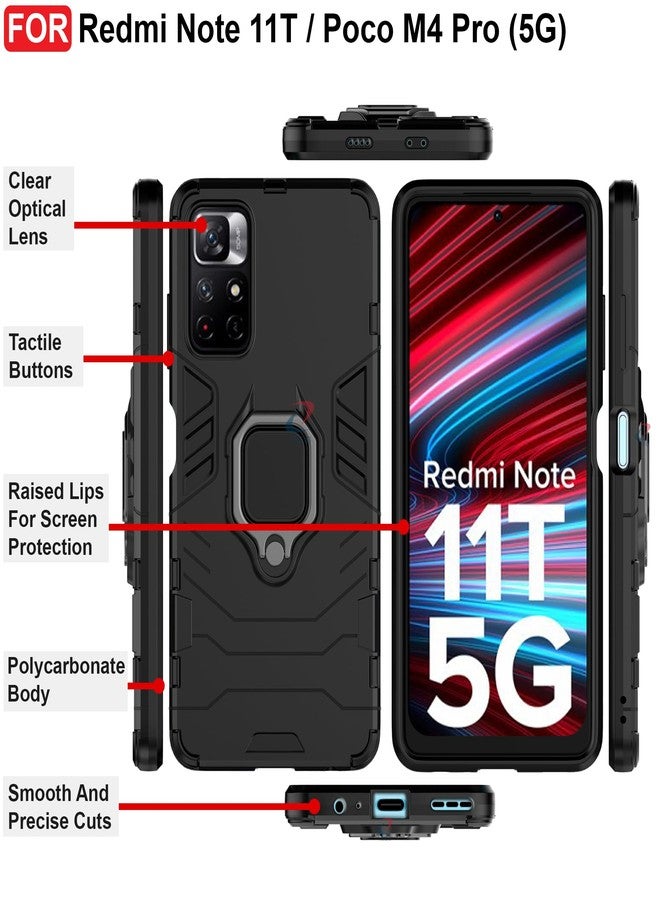 سيدو غطاء CEDO المزود بمسند لهاتف Redmi Note 11T (5G) / Poco M4 Pro (5G) | جراب متين | حامل حلقي دوار مدمج | غطاء خلفي متين بحماية عسكرية (أسود) - Image 3