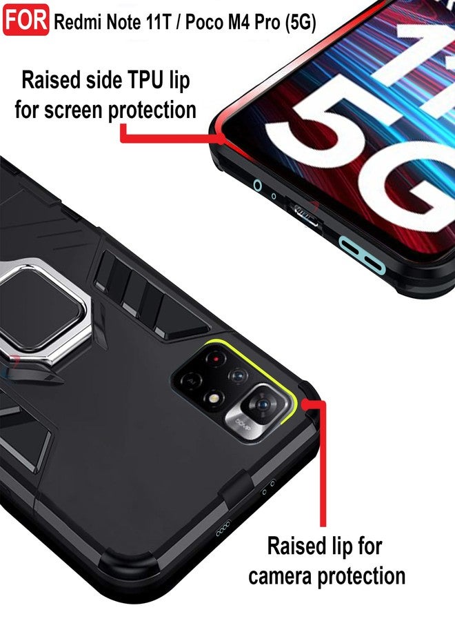 سيدو غطاء CEDO المزود بمسند لهاتف Redmi Note 11T (5G) / Poco M4 Pro (5G) | جراب متين | حامل حلقي دوار مدمج | غطاء خلفي متين بحماية عسكرية (أسود) - Image 4