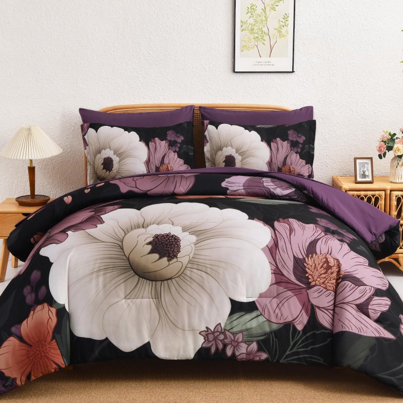 Xruibed Black Purple Floral Comforter Set King Size 7 Pieces Bed in a Bag Flower Bedding Sets Lightweight Boho Bed Set with Sheet,Pillowcases&Shams for All Season - Image 1