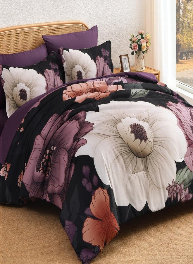 Xruibed Black Purple Floral Comforter Set King Size 7 Pieces Bed in a Bag Flower Bedding Sets Lightweight Boho Bed Set with Sheet,Pillowcases&Shams for All Season - Image 2