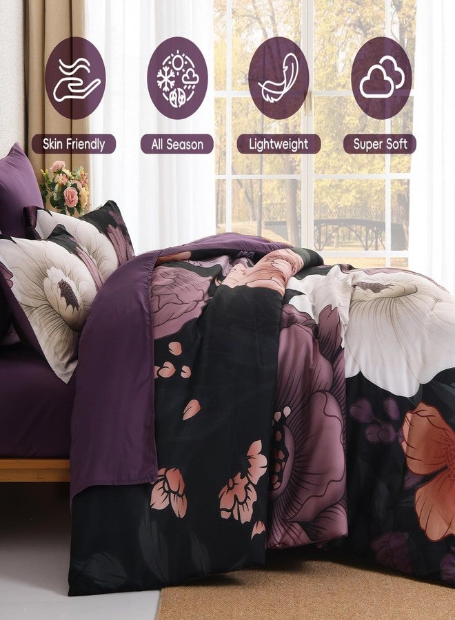 Xruibed Black Purple Floral Comforter Set King Size 7 Pieces Bed in a Bag Flower Bedding Sets Lightweight Boho Bed Set with Sheet,Pillowcases&Shams for All Season - Image 4