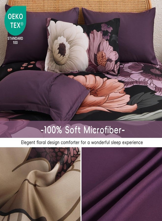 Xruibed Black Purple Floral Comforter Set King Size 7 Pieces Bed in a Bag Flower Bedding Sets Lightweight Boho Bed Set with Sheet,Pillowcases&Shams for All Season - Image 5