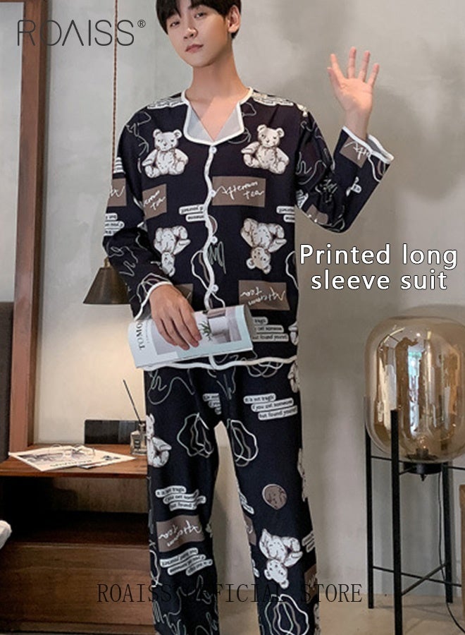 رويس طقم بيجامة طويلة الأكمام من قطعتين للرجال، طقم ملابس منزلية ناعمة مطبوعة مع قميص بأزرار وياقة مائلة وسروال طويل بخصر مطاطي، مثالي للنوم أو الاسترخاء في المنزل - Image 1