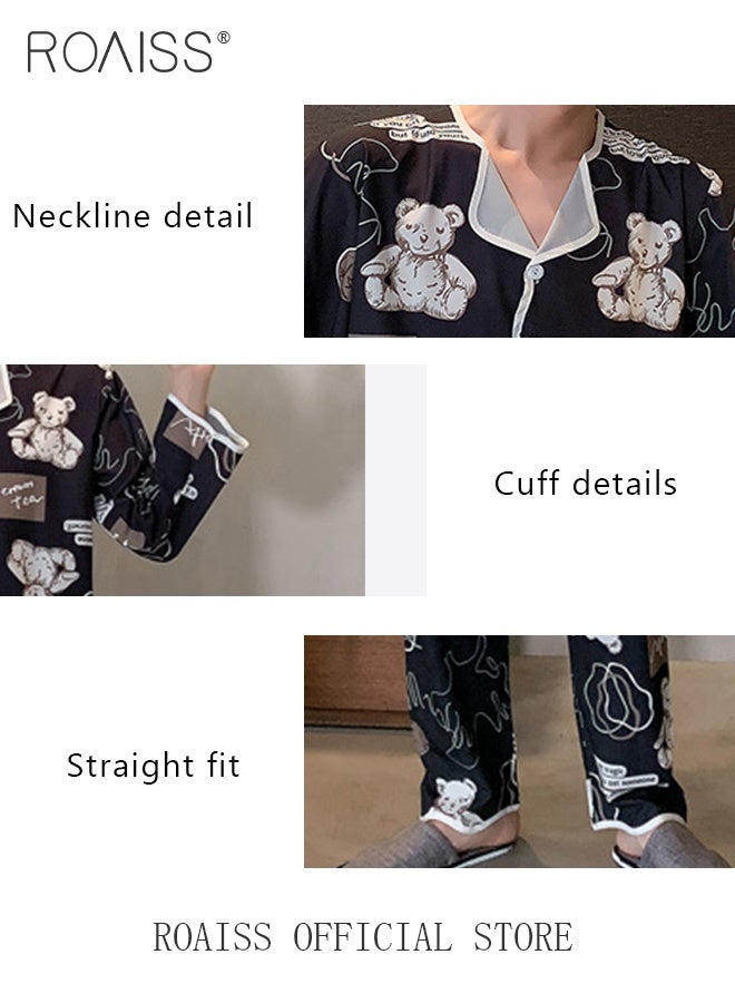 رويس طقم بيجامة طويلة الأكمام من قطعتين للرجال، طقم ملابس منزلية ناعمة مطبوعة مع قميص بأزرار وياقة مائلة وسروال طويل بخصر مطاطي، مثالي للنوم أو الاسترخاء في المنزل - Image 5