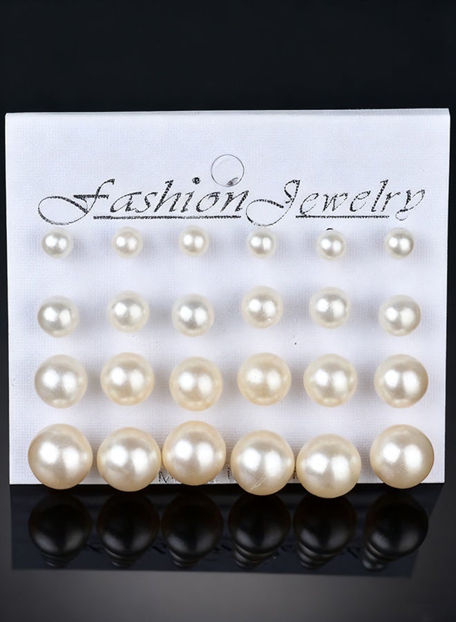 Happy D Beige Stud Earrings 12 pairs of Pearl Stud earrings set Value Combination simple and generous pearl stud earrings - Image 1