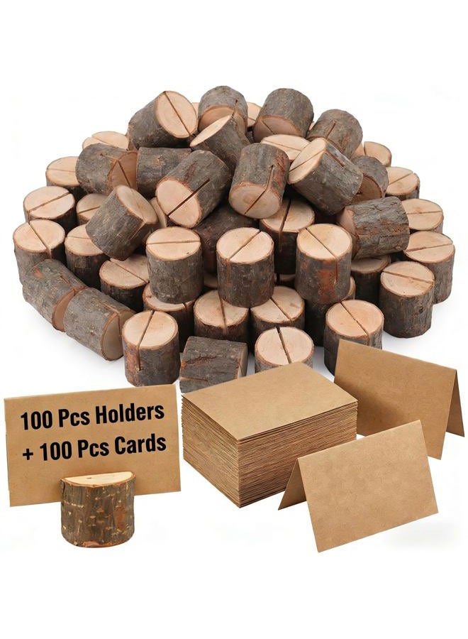 PLAZOTTA 100 Pack Rustic Wooden Place Card Holders with 100 Kraft Cards, Table Number Holder, Photo Display Stand, Memo Card, Food Label Holder for Wedding, Party, Craft - Image 1