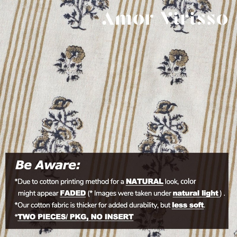 Amor Virisso Floral Throw Pillow Covers 18x18 Set of 2 Block Print Pillow Covers Neutral Floral Striped Farmhouse Decorative Pillow Covers for Sofa Couch Bed, Yellow - Image 5