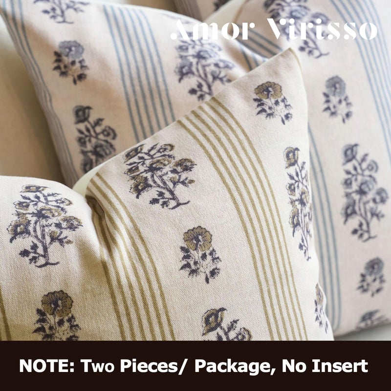 Amor Virisso Floral Throw Pillow Covers 18x18 Set of 2 Block Print Pillow Covers Neutral Floral Striped Farmhouse Decorative Pillow Covers for Sofa Couch Bed, Yellow - Image 3