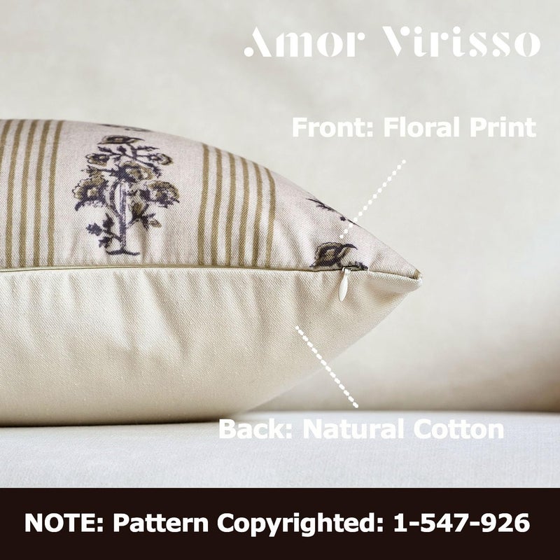 Amor Virisso Floral Throw Pillow Covers 18x18 Set of 2 Block Print Pillow Covers Neutral Floral Striped Farmhouse Decorative Pillow Covers for Sofa Couch Bed, Yellow - Image 2