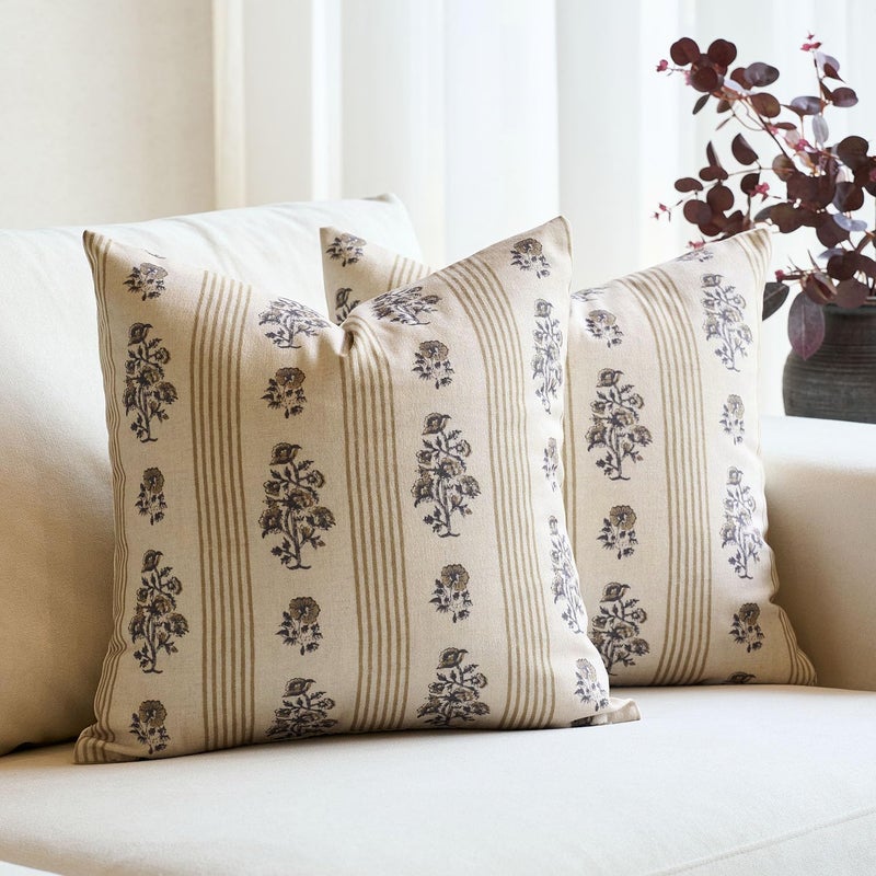Amor Virisso Floral Throw Pillow Covers 18x18 Set of 2 Block Print Pillow Covers Neutral Floral Striped Farmhouse Decorative Pillow Covers for Sofa Couch Bed, Yellow - Image 1