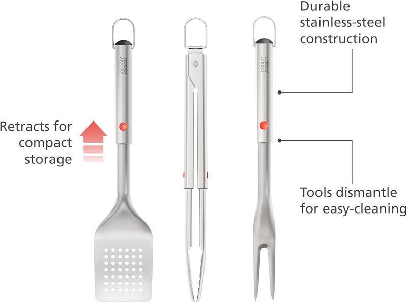 Joseph Joseph GrillOut 3-Piece BBQ Utensil Set with Stainless Steel Grill Tools, Tongs Spatula and Fork with Hanging Storage Design for Barbecue Outdoor Cooking Kitchen Accessories - Image 3