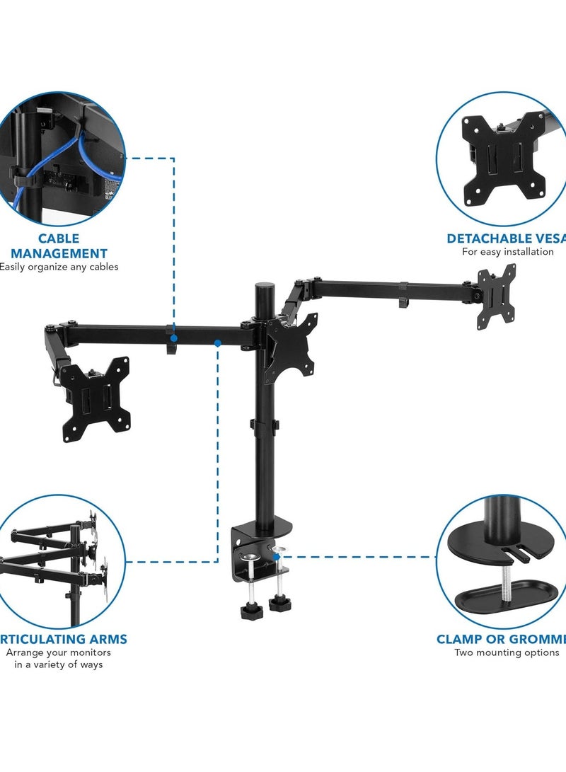 Triple Monitor Desk Mount – 3 Screen Stand with Clamp & Grommet Base, Fits 24", 27", 32" Displays, Universal VESA 75x75 & 100x100  - Image 3