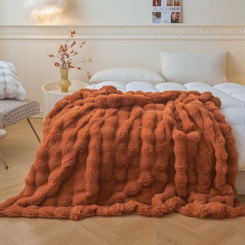 LIFEREVO Fluffy Faux Rabbit Fur Bubble Throw, Plush Shaggy Blanket for Couch Sofa Chair, Soft Cute Furry Bed Blanket Adults Kids Teens Girls, Fuzzy Throw for Bedroom Living Room, 50x60, Burnt Orange - Image 1