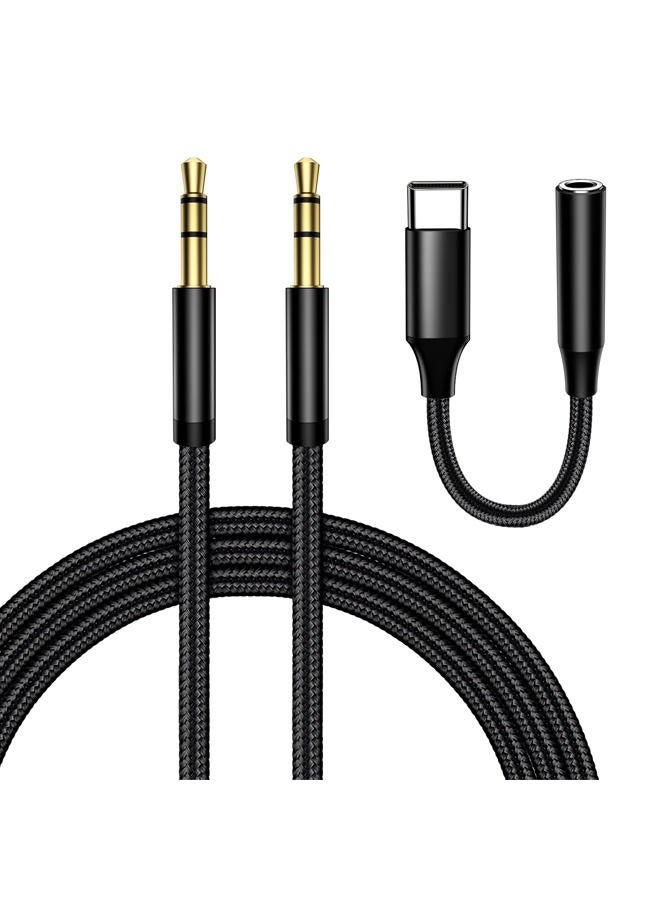 xiwxi 3.5mm Audio Cable Male to Male,with Type C to 3.5mm Female Jack Adapter,Audio Auxiliary Input AUX Cord Nylon Braided for Headphones,Car,Home Stereos,Speaker,iPhone,iPad,iPod,Echo–Black - Image 1