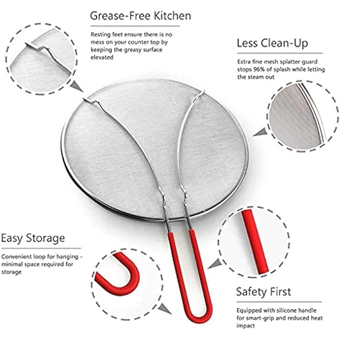 MAKREL Premium Stainless Steel Splatter Screen Guard Extra Fine Mesh Frying Pan Cover Protect From Hot Oil  Grease Splash When Cooking And Frying Red Handle 33Cm - Image 3
