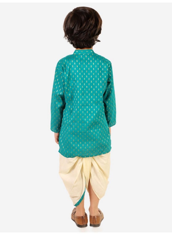 superminis Boy's Cotton Kurta with Dhoti - Golden Thread Work, Round Collar, Full Sleeves, Side Button Kurta Set for Ethnic Wear (Mehandi Green, 2-3 Years)