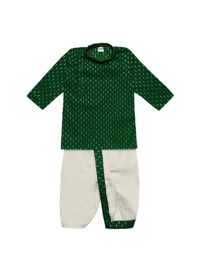 superminis Boy's Cotton Kurta with Dhoti - Golden Thread Work, Round Collar, Full Sleeves, Side Button Kurta Set for Ethnic Wear (Mehandi Green, 2-3 Years)
