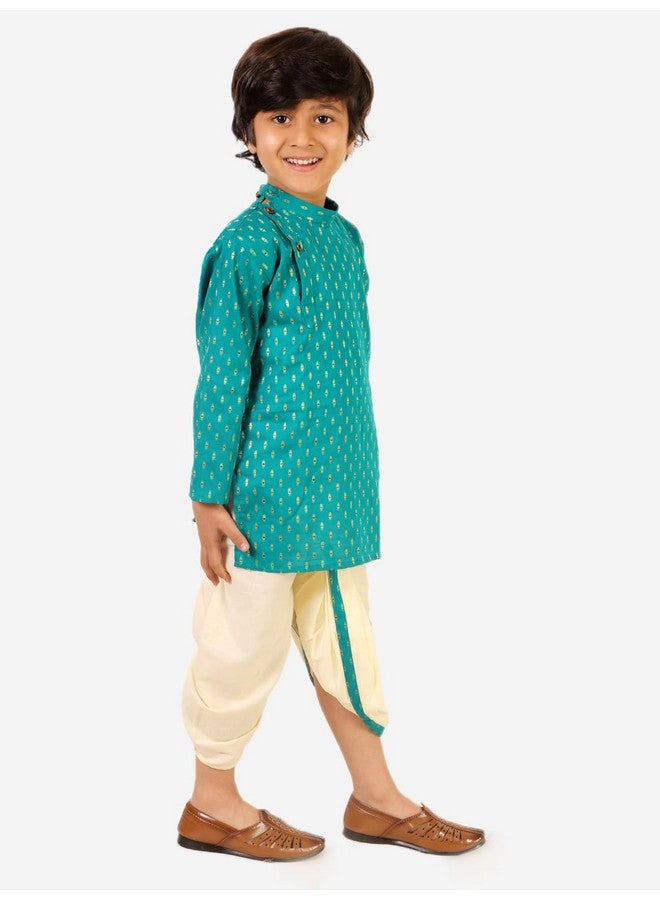 superminis Boy's Cotton Kurta with Dhoti - Golden Thread Work, Round Collar, Full Sleeves, Side Button Kurta Set for Ethnic Wear (Mehandi Green, 2-3 Years)