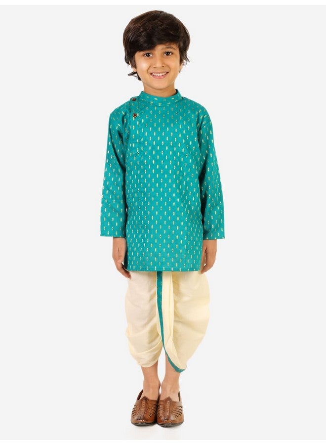 superminis Boy's Cotton Kurta with Dhoti - Golden Thread Work, Round Collar, Full Sleeves, Side Button Kurta Set for Ethnic Wear (Mehandi Green, 2-3 Years)