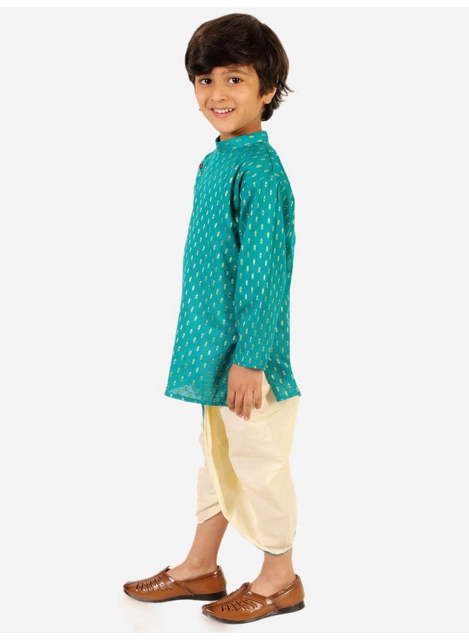 superminis Boy's Cotton Kurta with Dhoti - Golden Thread Work, Round Collar, Full Sleeves, Side Button Kurta Set for Ethnic Wear (Mehandi Green, 2-3 Years)
