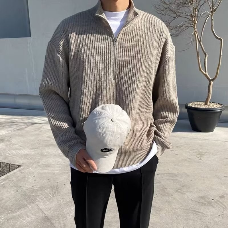 Mens Autumn Half Zip Cardigan Sweater Mens Trendy Handsome All-match Vertical Collar Knitwear Top High Collar Jacket Gray