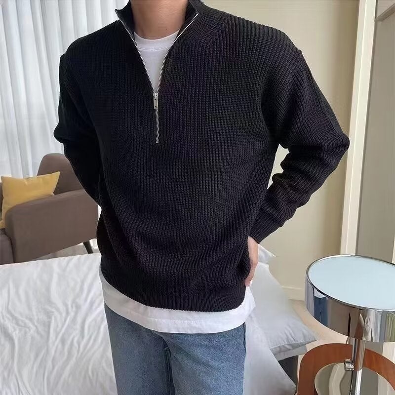 Mens Autumn Half Zip Cardigan Sweater Mens Trendy Handsome All-match Vertical Collar Knitwear Top High Collar Jacket Gray