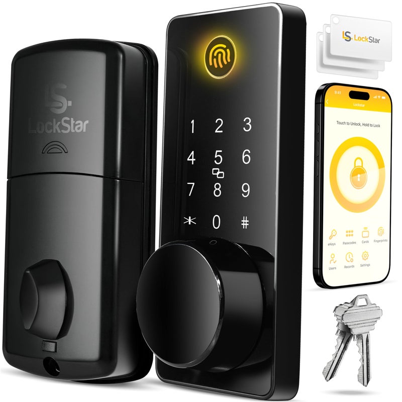 LOCKSTARÂ® Smart Door Lock â€¢ Keyless Entry Deadbolt Door Lock â€¢ Multiple Entry Methods â€“ APP â€¢ Fingerprint Touch ID â€¢ Keypad Code â€¢ Card FOB â€¢ Traditional Key â€¢ Smart Home Devices - Image 1