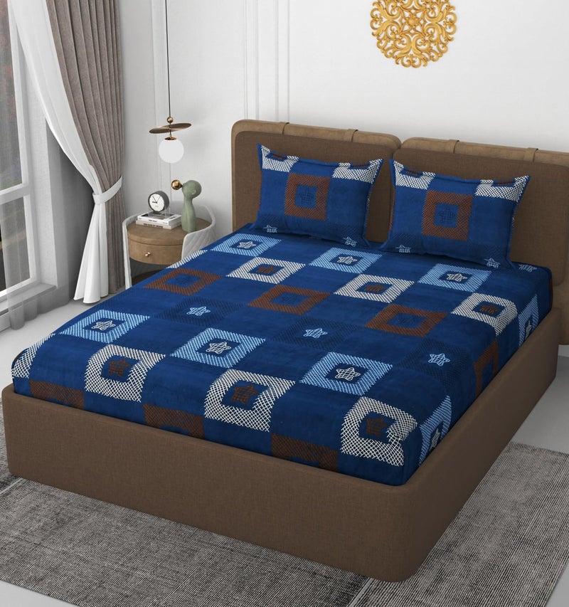 VOMZER 300 TC Cotton Feel All Around Elastic Fitted Queen Size Bedsheets, Supersoft Elastic Fitted Double Bedsheet with 2 Pillow Covers, Size 60x78x8 Inches Blue - Image 2