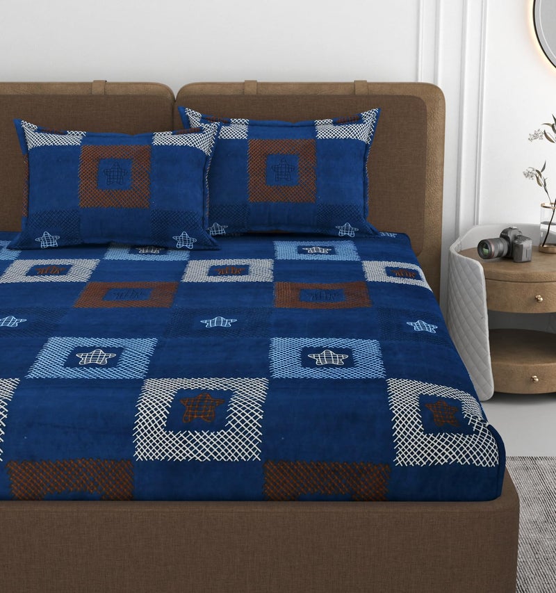 VOMZER 300 TC Cotton Feel All Around Elastic Fitted Queen Size Bedsheets, Supersoft Elastic Fitted Double Bedsheet with 2 Pillow Covers, Size 60x78x8 Inches Blue - Image 1