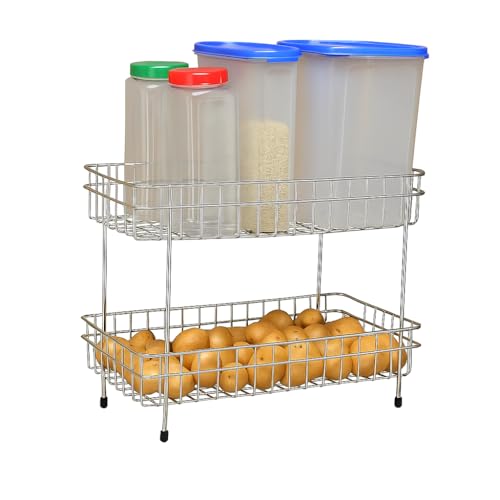 FORTUNE Stainless Steel 2-Tier Trolley Basket| Kitchen Organizer And Space Saver| Multipurpose Fruit And Vegetable Storage| Countertop Kitchen Stand, Kitchen Rack For Utensils Dishes, Plates Home - Image 1