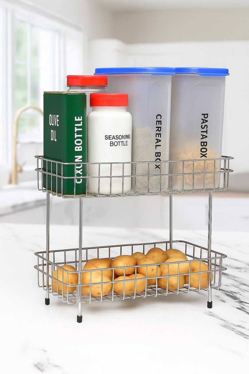 FORTUNE Stainless Steel 2-Tier Trolley Basket| Kitchen Organizer And Space Saver| Multipurpose Fruit And Vegetable Storage| Countertop Kitchen Stand, Kitchen Rack For Utensils Dishes, Plates Home - Image 5