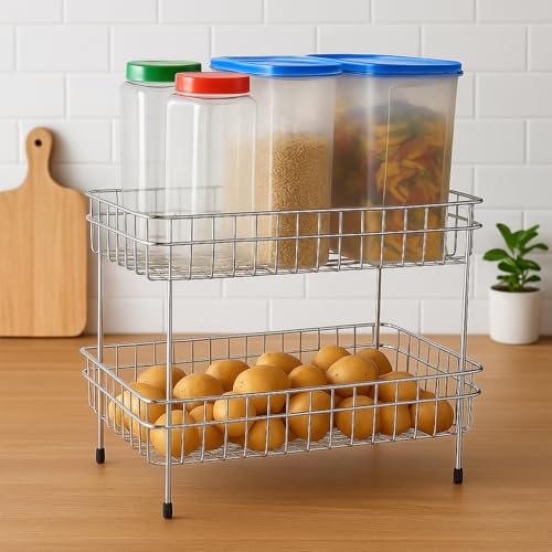 FORTUNE Stainless Steel 2-Tier Trolley Basket| Kitchen Organizer And Space Saver| Multipurpose Fruit And Vegetable Storage| Countertop Kitchen Stand, Kitchen Rack For Utensils Dishes, Plates Home - Image 3