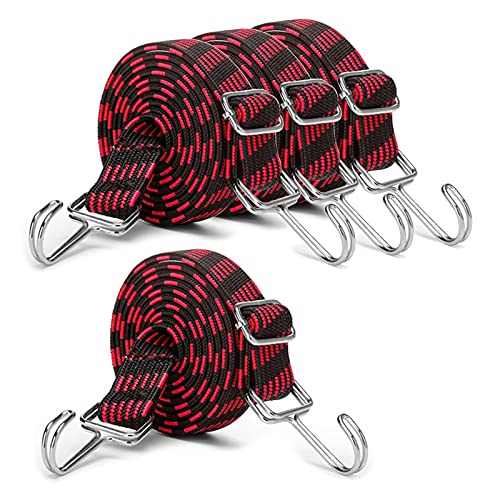 MOLADRI Heavy Duty Bungee Straps with Hooks, 80 inch Long Adjustable Cords,4 Pack Flat Nylon Rubber Elastic Rope with Length Adjustment Metal Buckle for Outdoor Camping Bikes Luggage Rack (Red) - Image 1