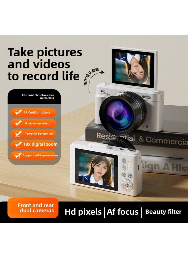 Generic Product Flip-screen Camera HD Digital Camera Retro Micro Single CCD Flip-screen Student Campus Can Take Self-portrait Beauty Photos-Body Color:White + Wide-angle Lens + 32g Memory Card  - Image 1